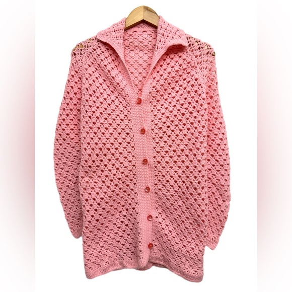 70’s Handmade Crochet Pink Cardigan Sweater Jacket - Picture 1 of 10